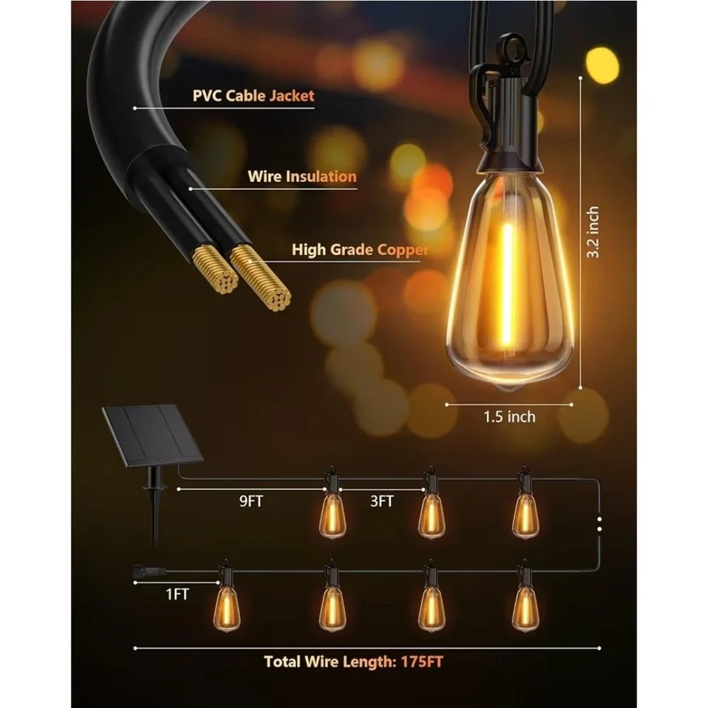 Solar String Lights 175FT LED Waterproof Dimmable Remote Brightown Patio Outdoor